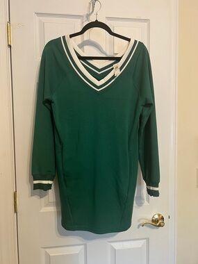 Aerie Offline Green V-Neck Sweatshirt Dress with White Stripe Trim